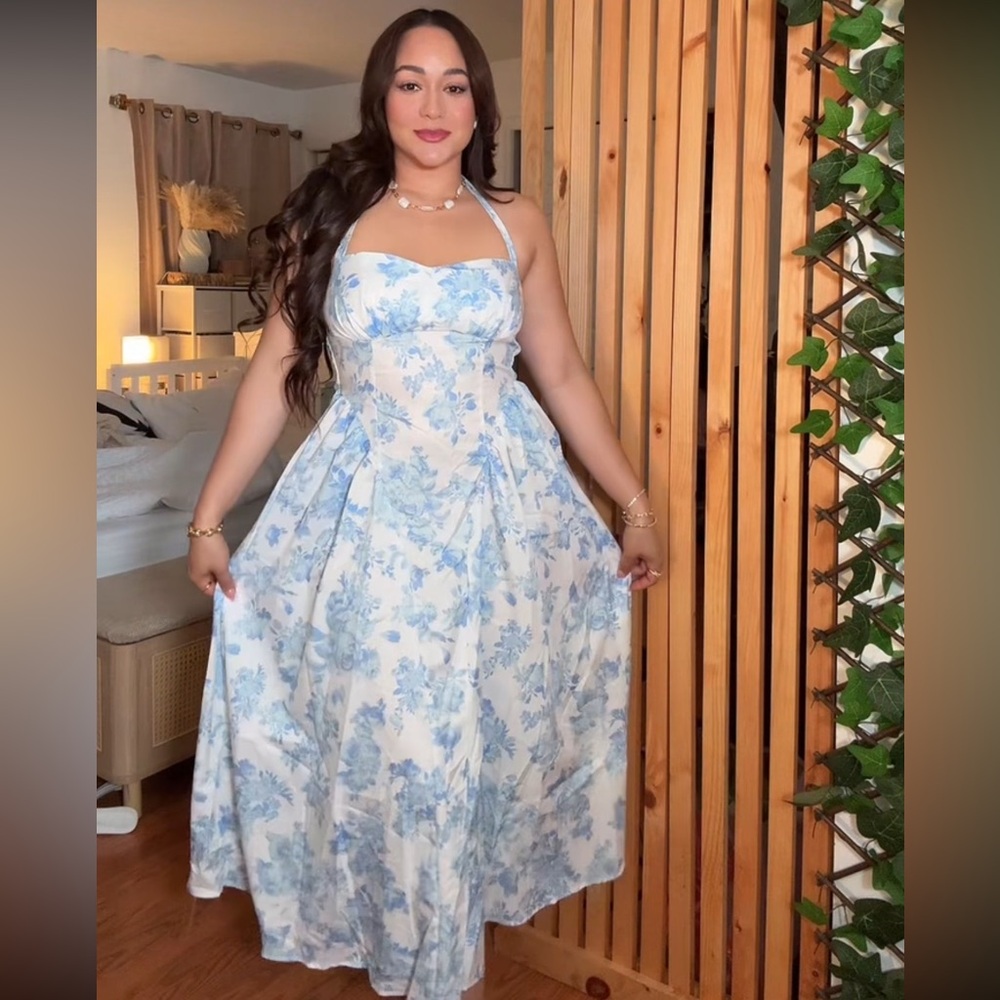 SHEIN Blue and White One-Shoulder Floral Midi Dress